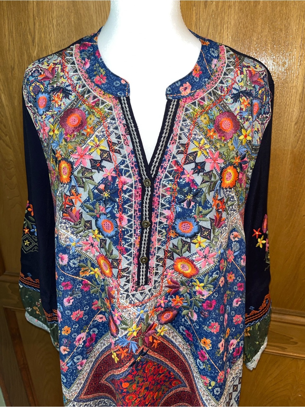Sz S John Mark Navy Blue Multi Scarf Embroidered Floral Tunic